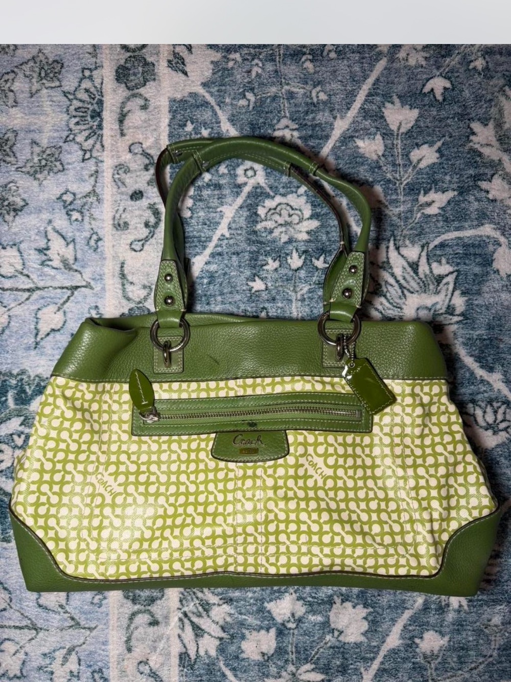 Coach Green Signature Canvas Shoulder Bag with Olive Leather Trim
